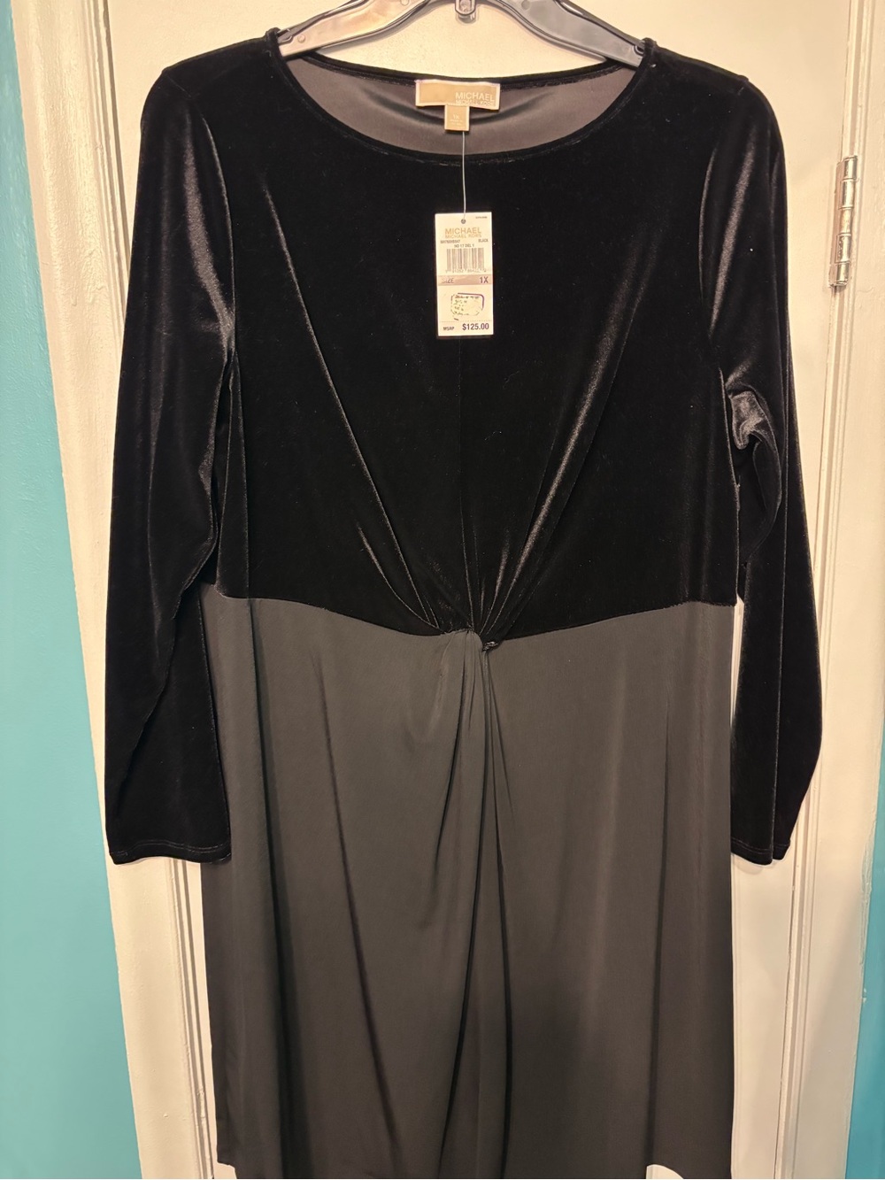 Michael Kors Black and Charcoal Two-Tone Knot-Front Long Sleeve Dress